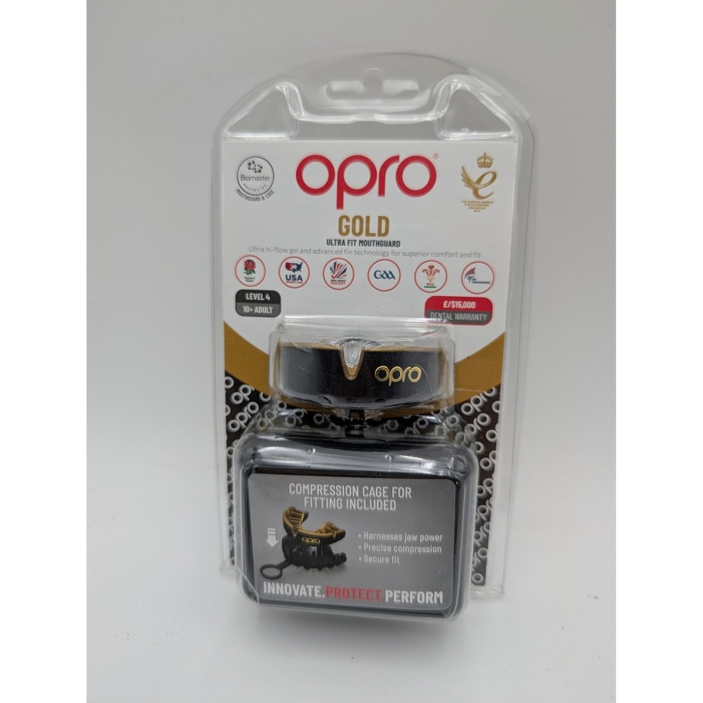 OPRO Gold Ultra Fit Mouthguard Adult 10+ Black Gold Case UK Rugby Boxing